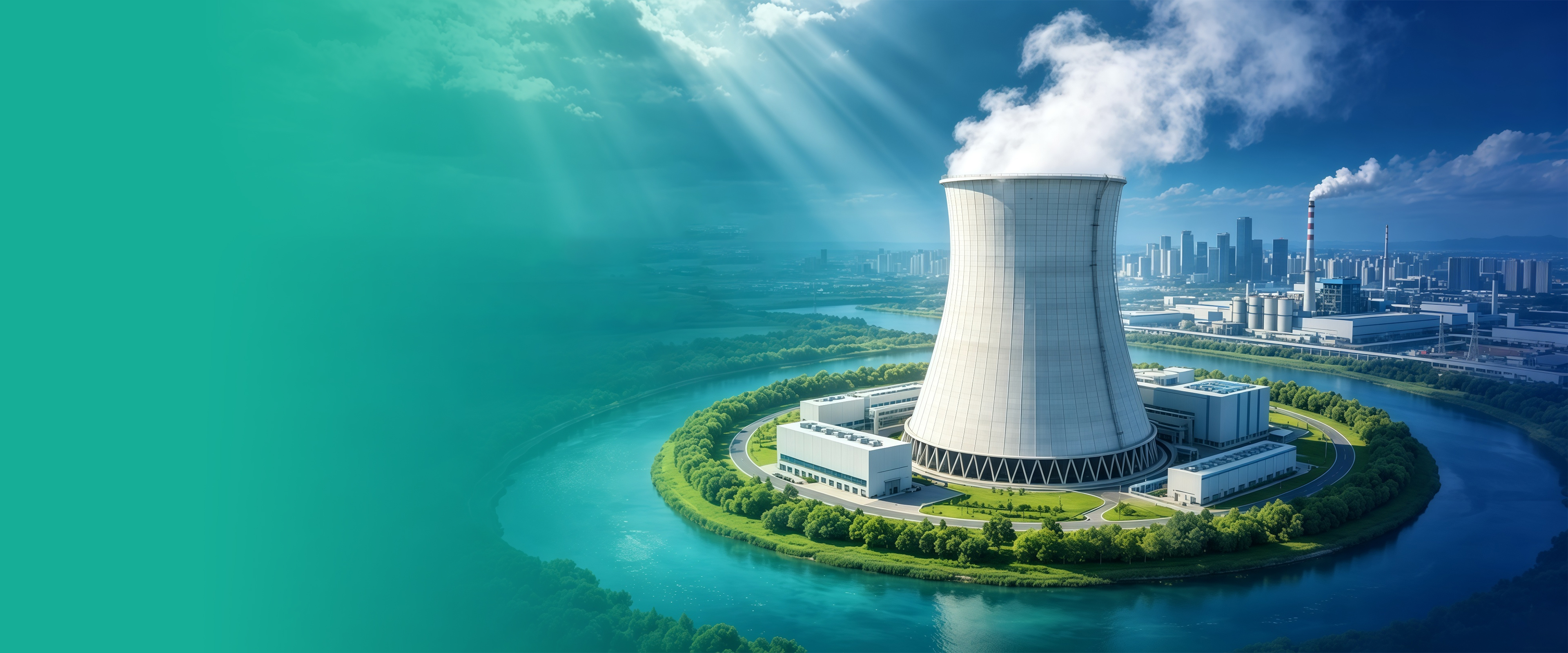 Large cooling tower on a green island ringed by a river, with an industrial skyline behind