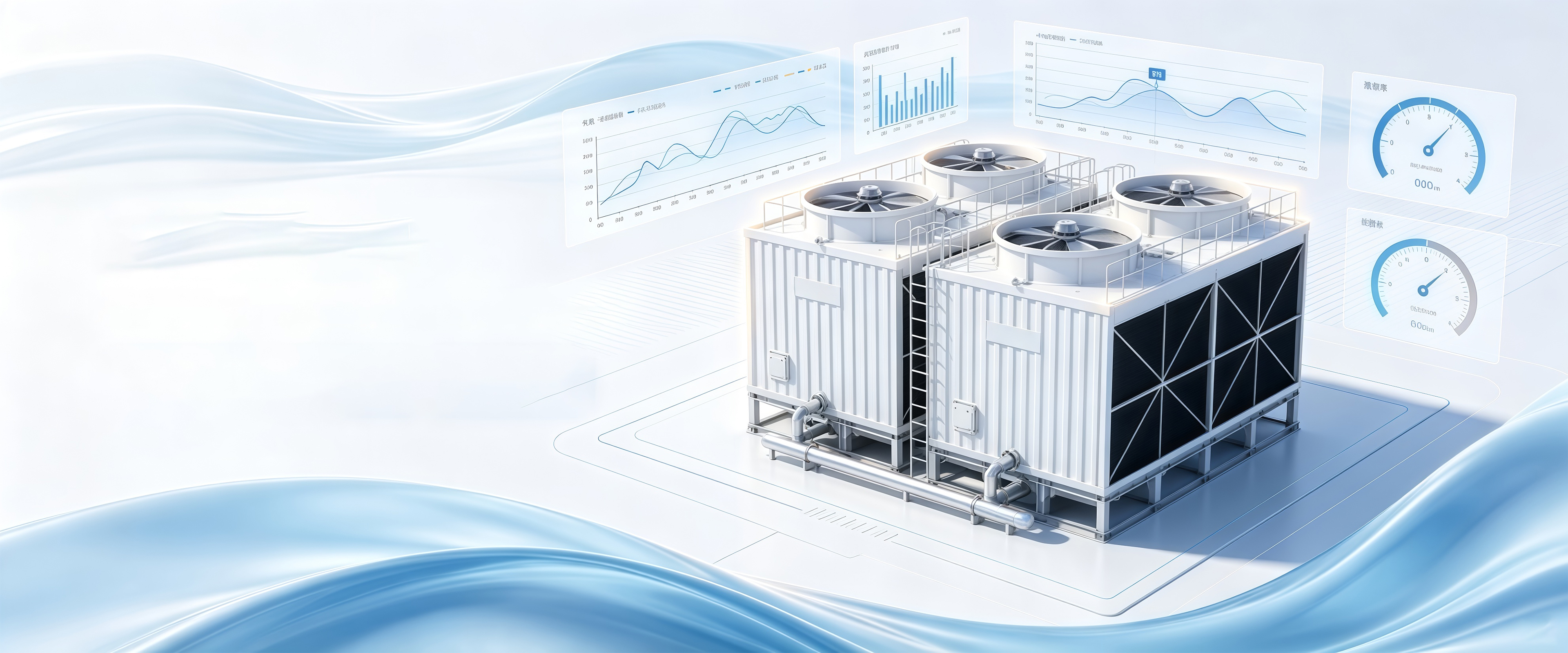 Four-fan square cooling tower on a light technical background with performance charts